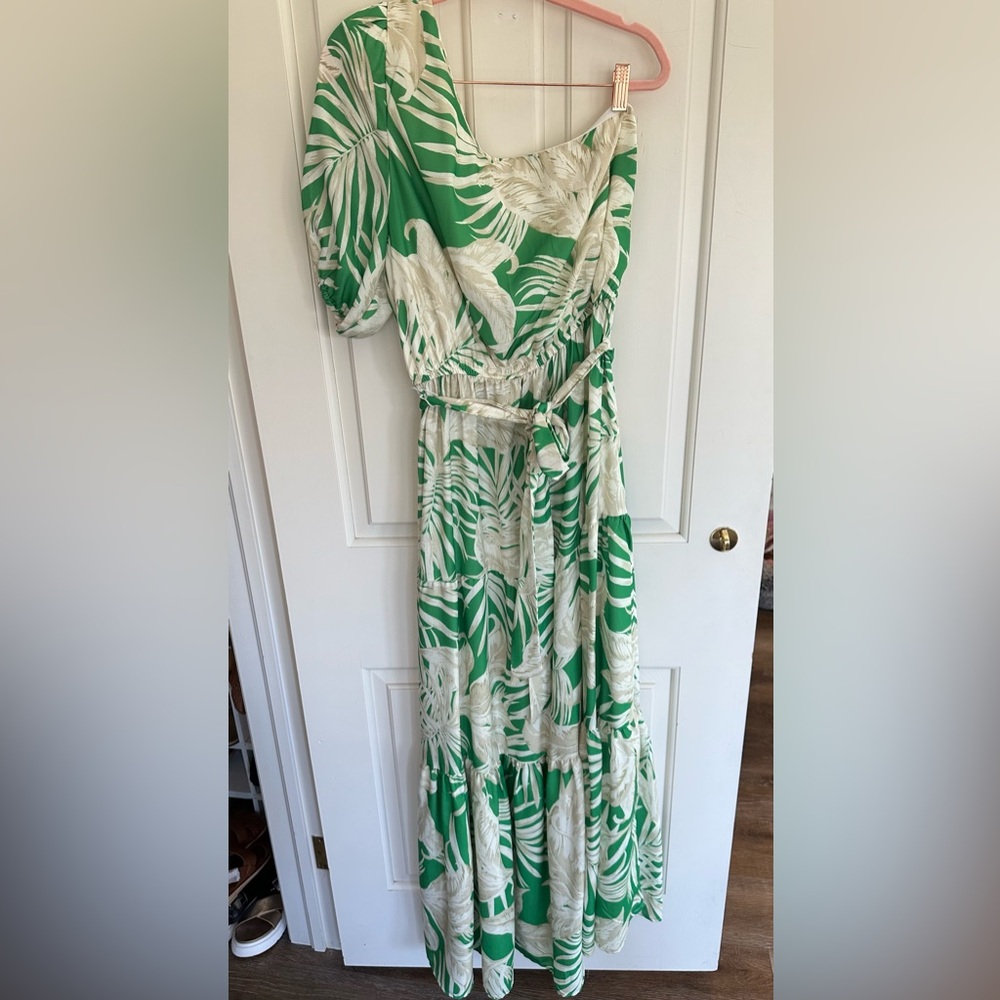 Aura One Shoulder Palm Print Green and Cream Maxi Dress L EUC